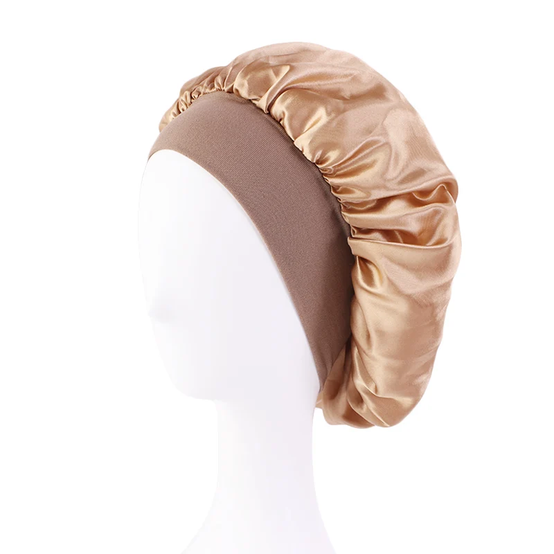New Women's Satin Solid Wide-brimmed Sleeping Hat Unisex Head Wrap Elastic Band Cap Hair Care Bonnet