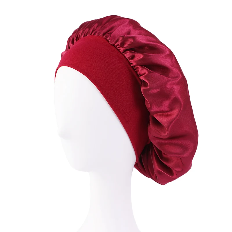 New Women's Satin Solid Wide-brimmed Sleeping Hat Unisex Head Wrap Elastic Band Cap Hair Care Bonnet