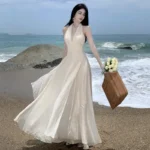 Summer Sleeveless Halter Long White Maxi Dress Elegant Tight Waist V-neck Beach Dress Robes Du Soir Evening Dresses Wedding Prom - Beige, S
