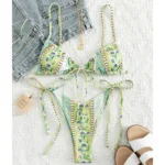 Kokofamie Branded Floral Print String Bandage Bikini Set Swimwear Women Summer Sexy Push Up Bathing Suit Beachwear Halter Biqiuni Swimsuit