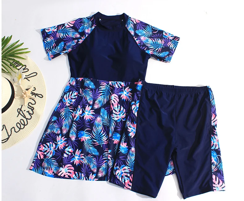 Kokofamie™ Plus Size Swimsuit Swimdress with Shorts for Women / Leaves Print / Tummy Control Swimwear Skirt Big Bathing Suit Tankini - 2 Pcs Set