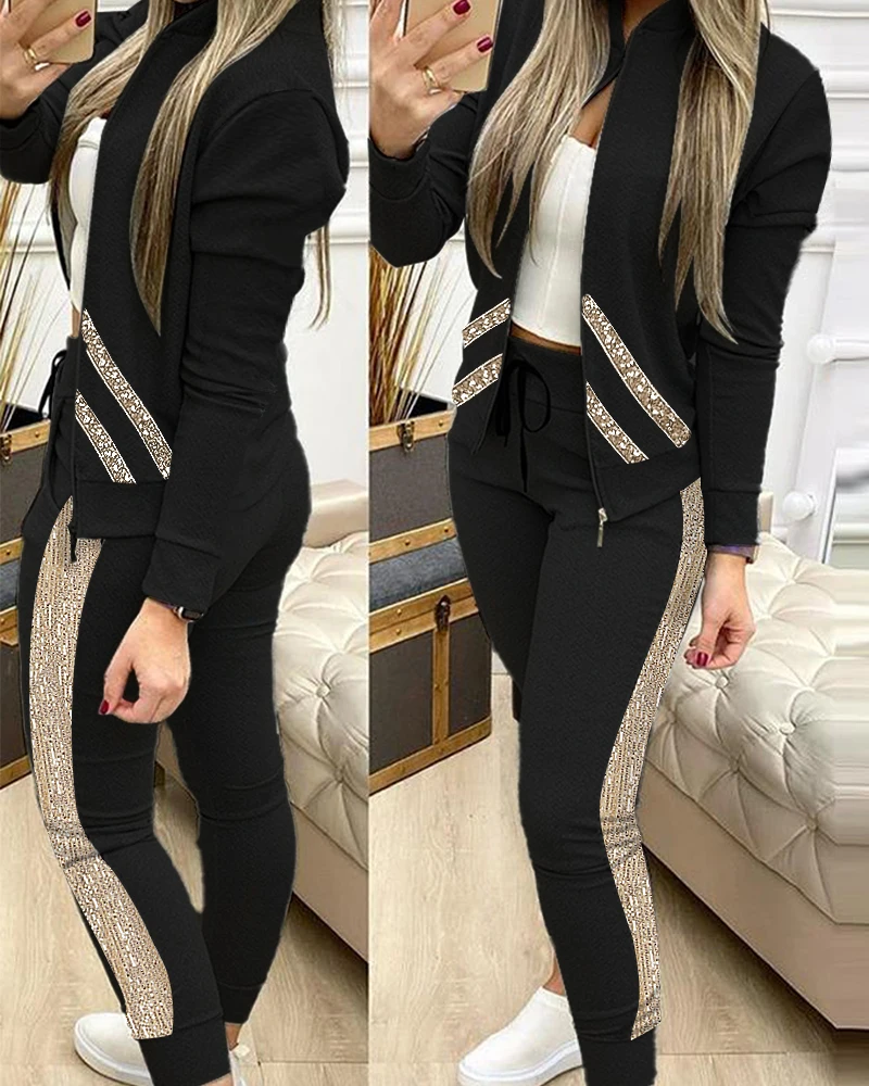 Spring Leisure Sports Zipper Tops Coat Pants 2 Two Pieces Sets For Women | Striped Stitching Comfortable Activewear