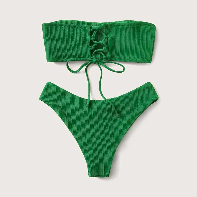 Para Praia Sexy Bandeau Bikini Female Brazilian Set / High Cut Swimwear / Original Quality Green Women Micro Green Bathing Suit