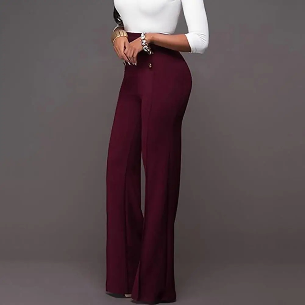 Trousers Loose Slim-fit Solid Color Women Wide Leg Pants | Elegant Fashion, High Waist, Polyester, Office Ladies, Flare
