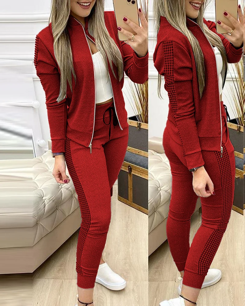 Spring Leisure Sports Zipper Tops Coat Pants 2 Two Pieces Sets For Women | Striped Stitching Comfortable Activewear