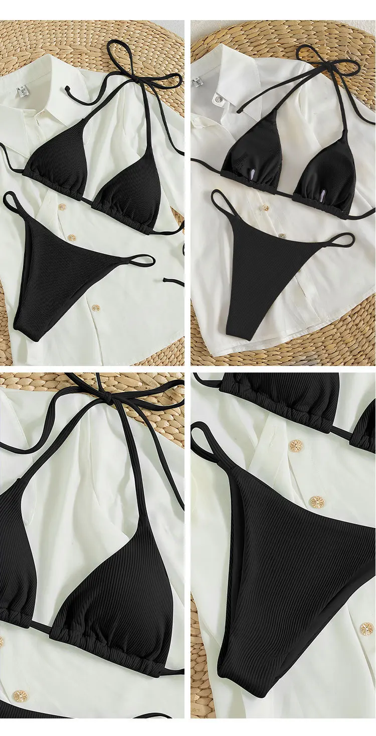 2024 Special Pit Stripe Fabric Bikini Set Women Sexy Simple Solid Halter Bikini Swimsuit High Waisted Lace Up Beach Bathing Suit
