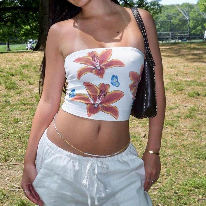 Kokosexxy Original Summer Women's Wrap Chest Crop Tops / Y2K Floral Print / Strapless Bandeau Tube / Off Shoulder Backless Tank Top
