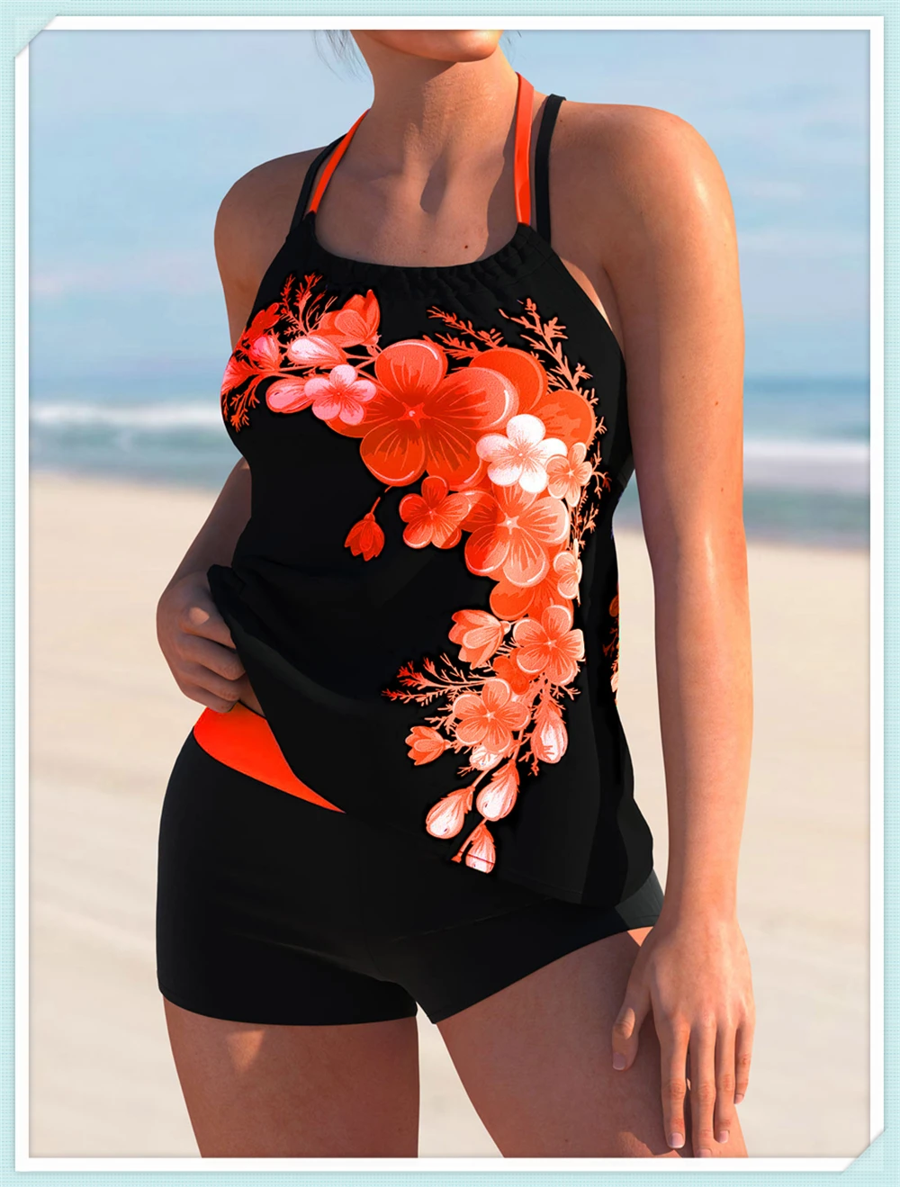 Beautyylu Two Piece Swimsuit Printed Tankini Set / Women High Waist Swimwear / Lace Up Beachwear