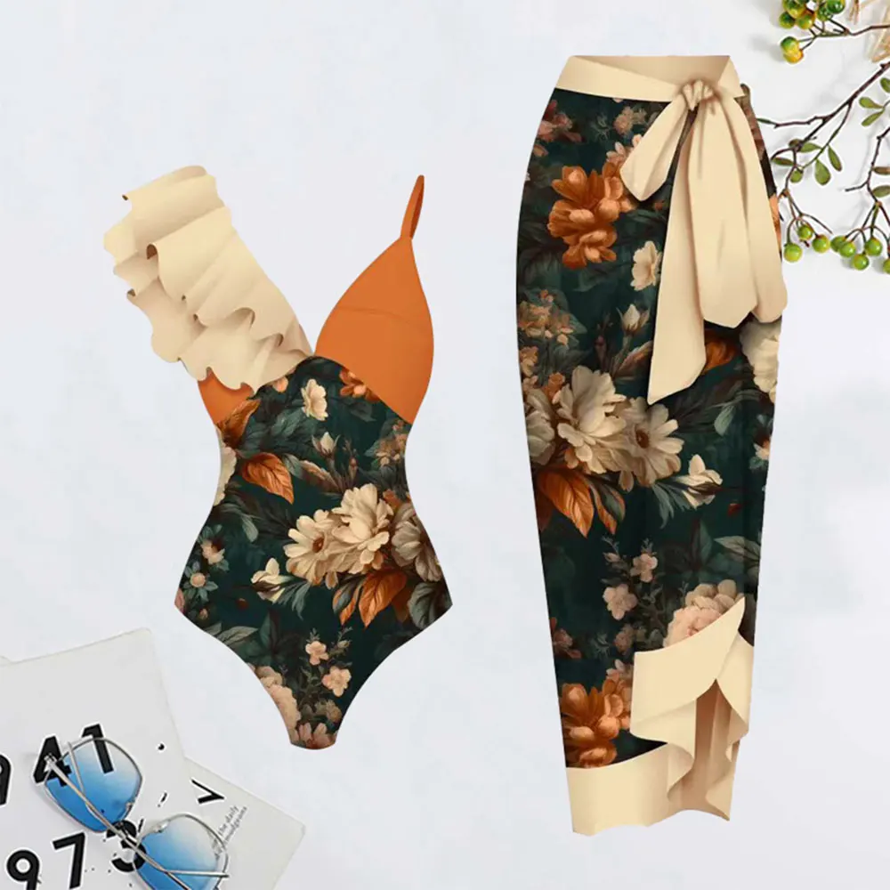 Print Floral Swimsuits Women One-Piece Ruffle Swimwear/ Women Deep V Bikini Summer Beach Wear Bodysuit Female Bathing Suits