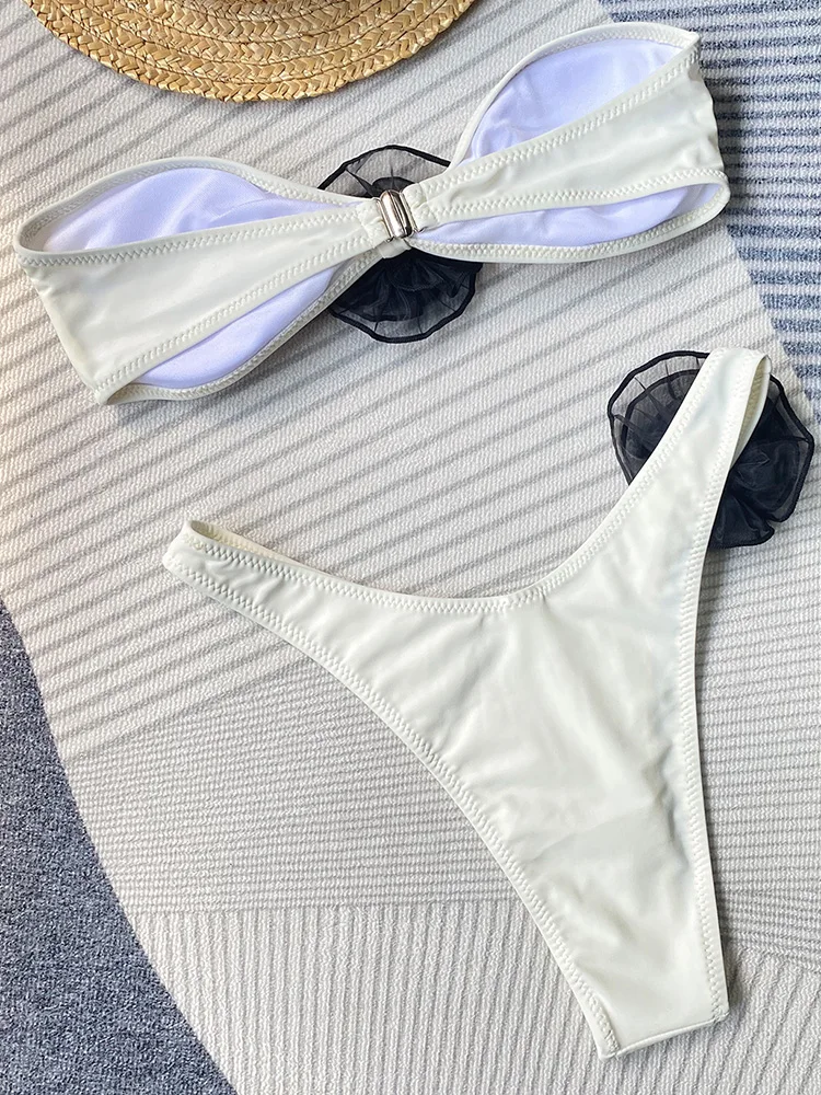 3D Flowers Brazilian Strapless Bandeau Bikini Female Swimsuit Women Swimwear Two-pieces Bikini Set High Cut Bathing Suit Swim