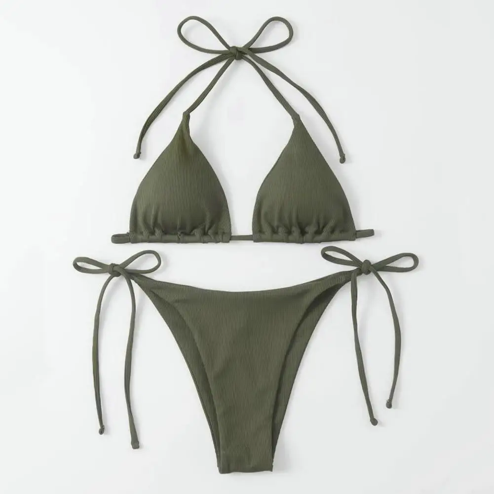 2Pcs/Set Women Bathing Suit Ribbed Backless Pads Women Bikini Set Halter Triangle Bra Side Tie Thong Swimwear Women's Clothing