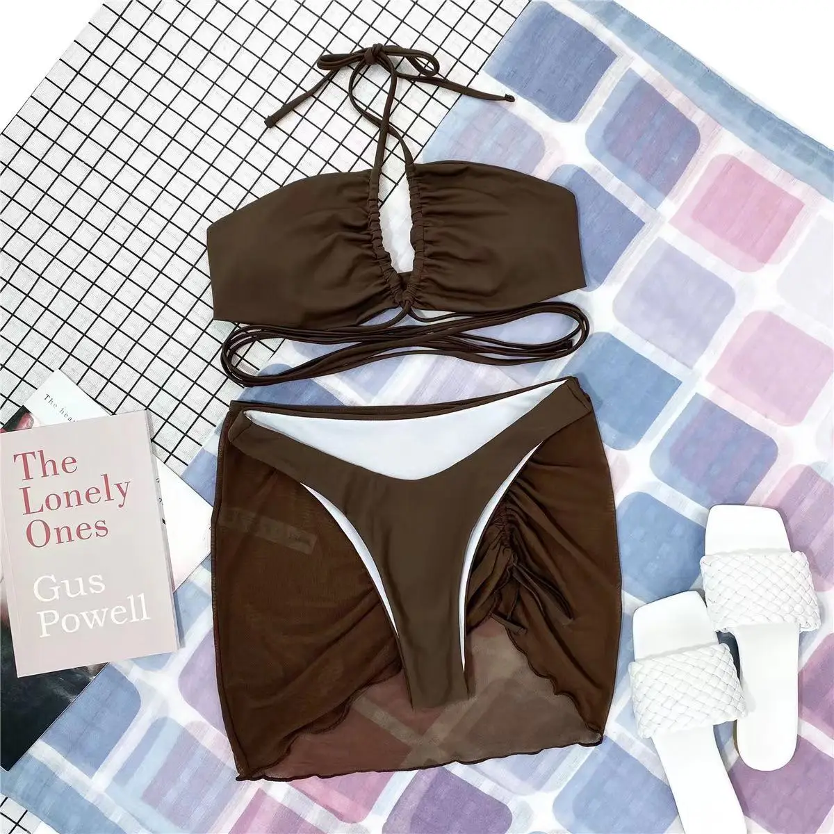 New 3 Pieces Set Swimsuit Women High Waist Swimwear Sexy Lace Up Micro Bikini Set With Skirt Solid Beachwear Bathing Suit