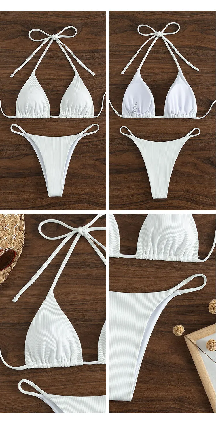 2024 Special Pit Stripe Fabric Bikini Set Women Sexy Simple Solid Halter Bikini Swimsuit High Waisted Lace Up Beach Bathing Suit