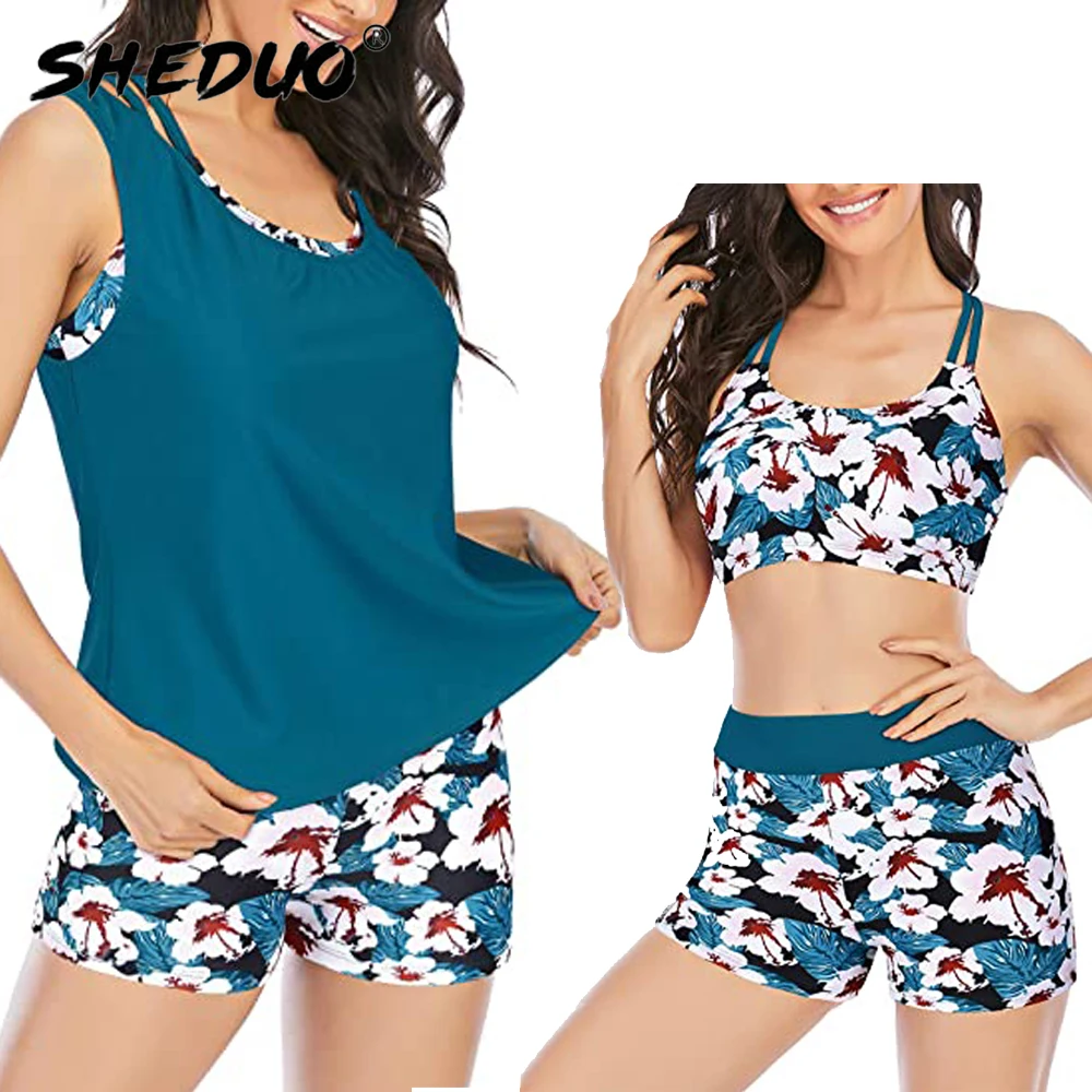 Sheduo Brand 3 Piece Swimsuits for Women Athletic Tankini Teen Bathing Suit Tummy Control Swimwear Modest Bodysuit with Boy Shorts XLTop Wear
