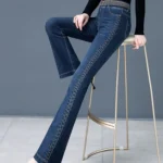 Vintage High Waist Flare Jeans, Spring Denim Pants, Big Size 75kg, Stretch Vaqueros, Casual Skinny Hose - dark blue, XL29 50-55kg