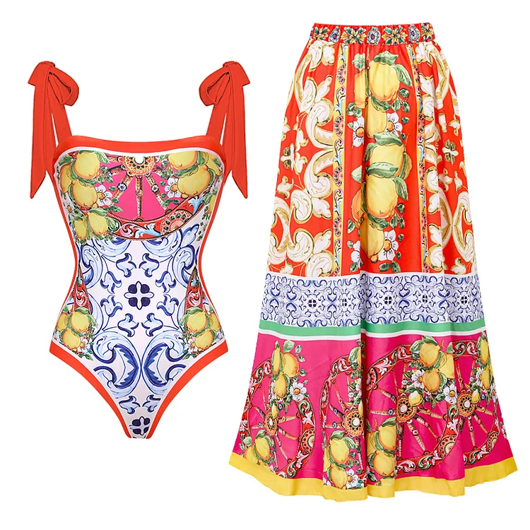 Kokosexxy Women's swimsuit / High Quality Vintage Off Shoulder Printed Outdoor Set / Sarong Summer Swimwear &amp; Beachwear - 2 pcs set