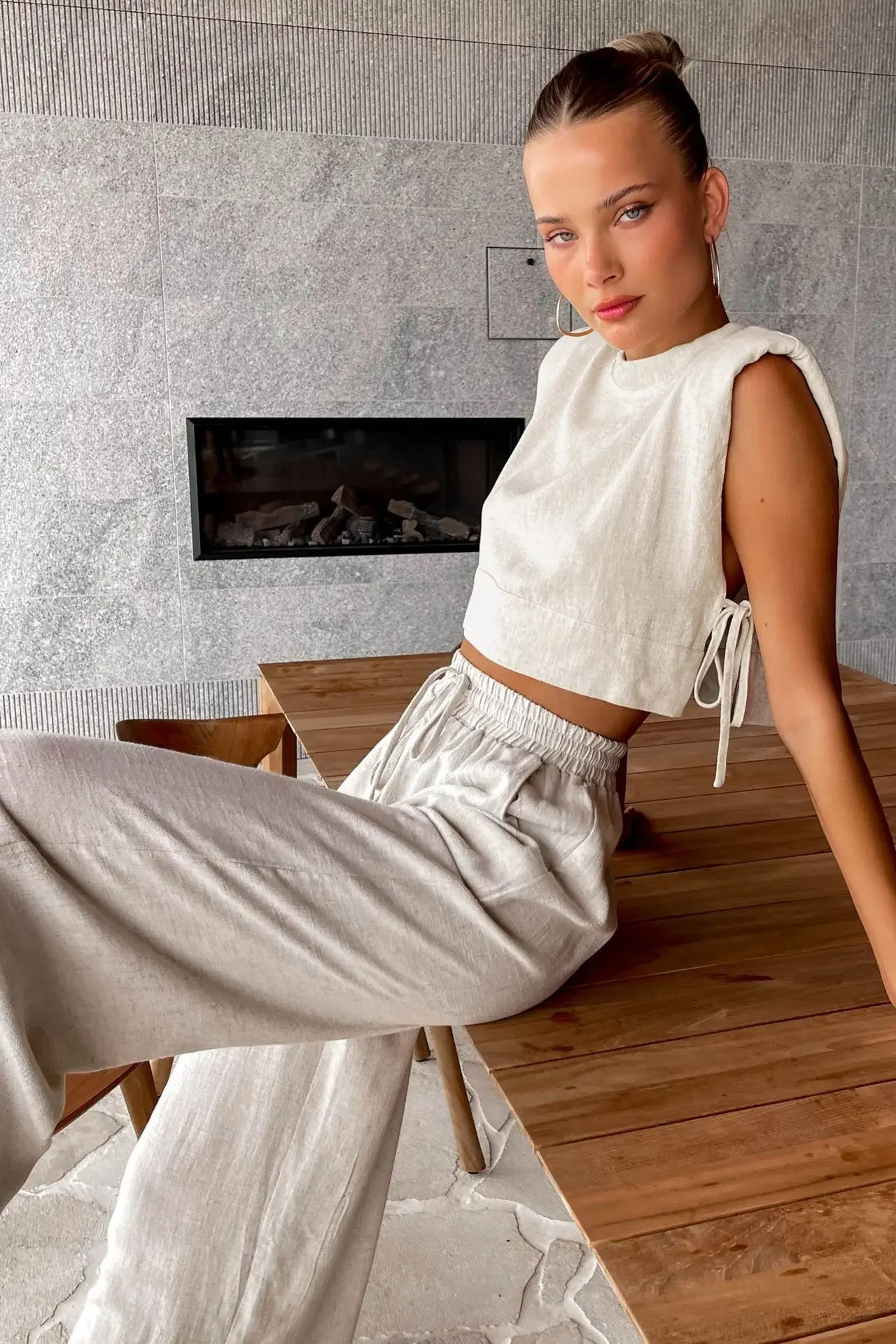 Fashion Khaki Cotton Linen Pants Set | Lace-Up Crop Tops | Elastic Waist | Loose Long Pants Suit.