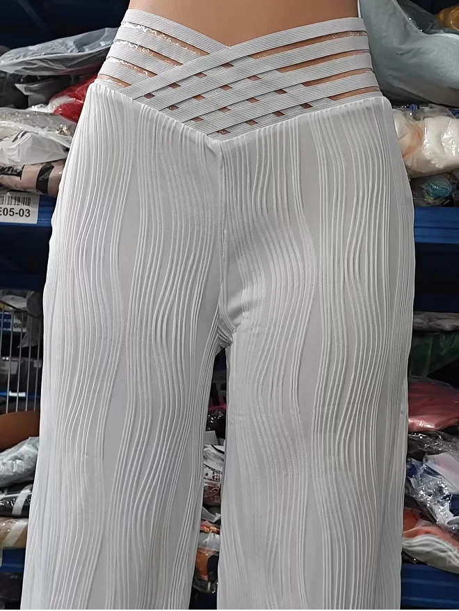 Elegant High Waist Flared Pants for Women | Overlap Waisted Textured Criss Cross Sheer Mesh Design | Summer Work Trousers