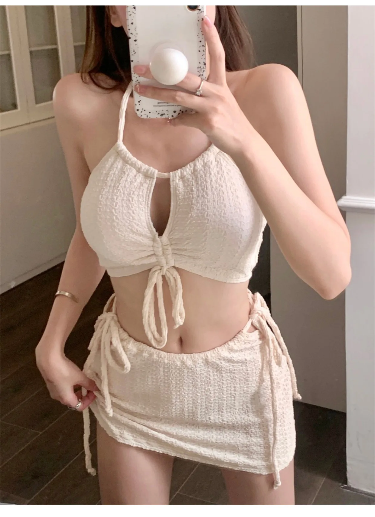 Cocoslay Fashion Sexy Korean Ribbed Halter Bikini Sets / Quality Drawstring Tie Swimsuit with Mini Skirt - 3pcs set