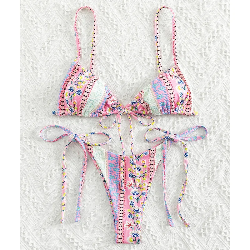 Floral Print String Bandage Bikini Set Swimwear Women Summer Sexy Push Up Bathing Suit Beachwear Halter Biqiuni Swimsuit