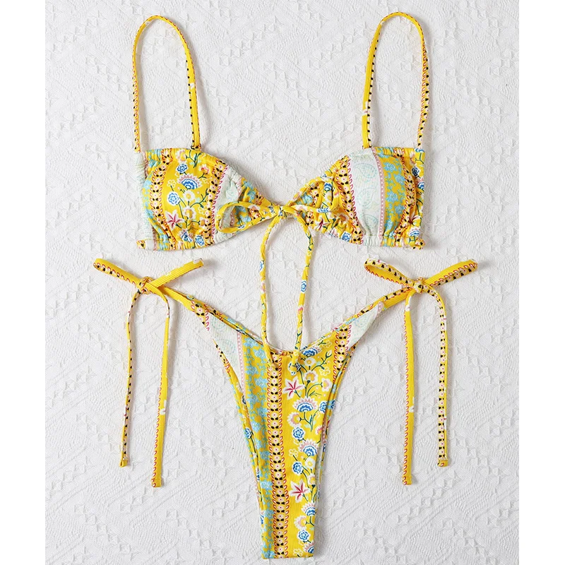 Floral Print String Bandage Bikini Set Swimwear Women Summer Sexy Push Up Bathing Suit Beachwear Halter Biqiuni Swimsuit