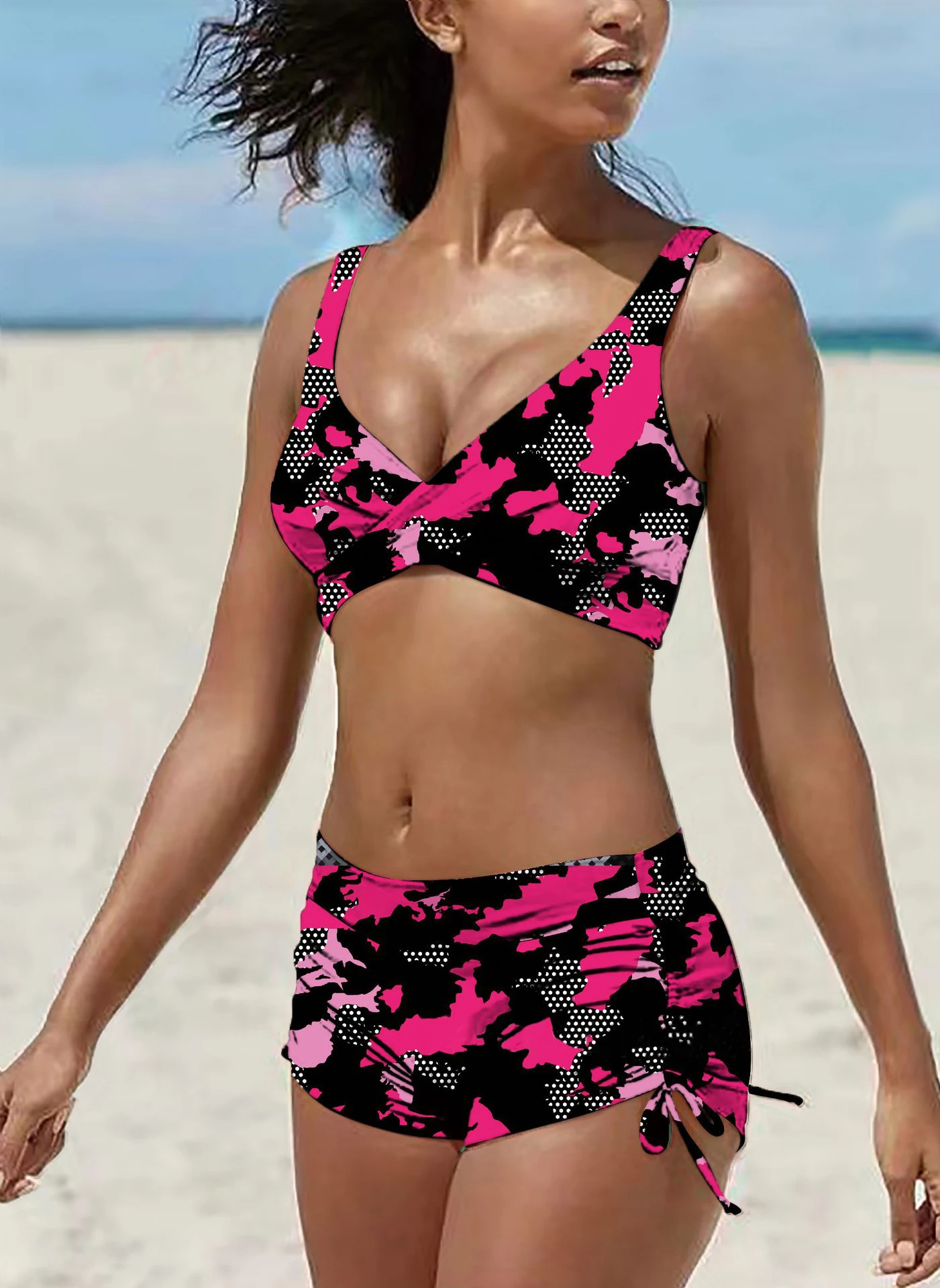 Kokofamie Loose Bikini Swimsuits For Women Short Design / Print / High Waist Swimming Suit - 2pcs set