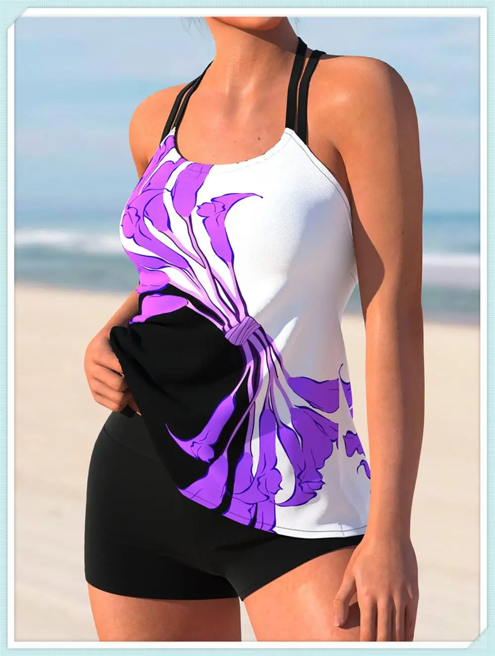 Beautyylu Two Piece Swimsuit Printed Tankini Set / Women High Waist Swimwear / Lace Up Beachwear