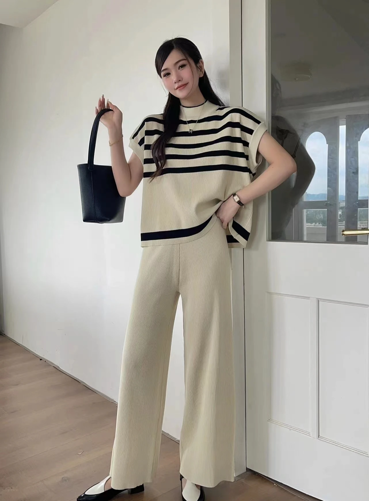 Spring New Women Sweater Set | Casual Pullovers &amp; Wide Leg Pants | Knitted Striped Elegance Tops
