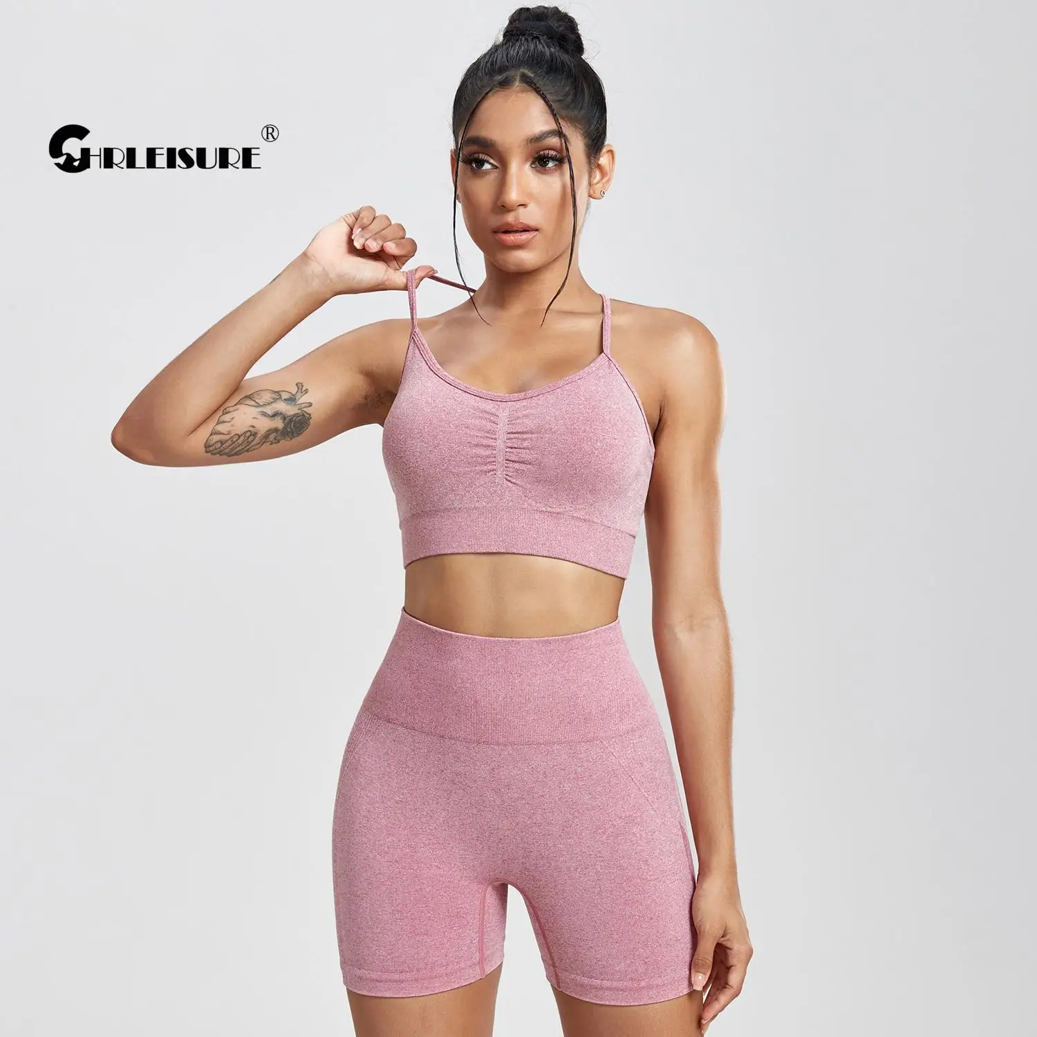 CHRLEISURE Seamless Sports Set Women's 2PCS Yoga Suit Fitness Bra with Cycling Shorts Gym Elastic Workout Outfit Activewear