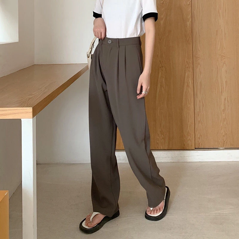 High Waist Women Suit Pants | Fall Straight Office Ladies Korean Fashion Trousers | Casual Button Loose Female Black Pants