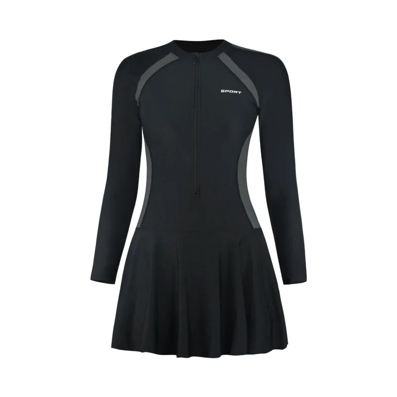 Kokofamie™ New Sporty Style Women Patchwork Slimming Beach Dress / Long Sleeve Zipper Swimwear - 1 Piece Swimsuit