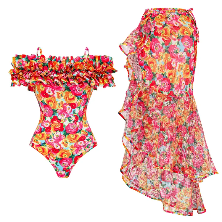 Kokosexxy Women's swimsuit / High Quality Vintage Off Shoulder Printed Outdoor Set / Sarong Summer Swimwear &amp; Beachwear - 2 pcs set
