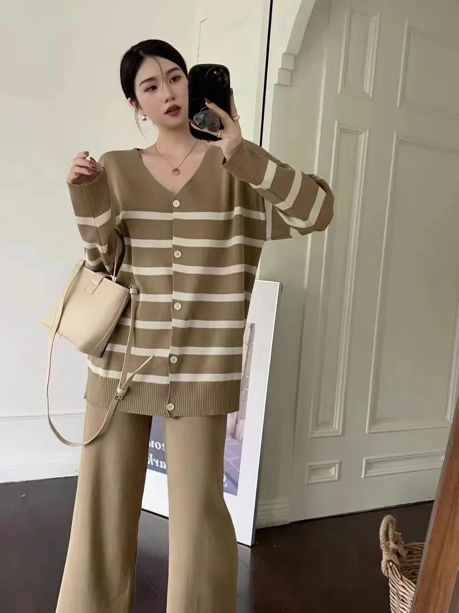 Elegant O-neck Side Slit Pullover Long Sleeve Sweater Wide Leg Pants 2 Piece Sets | Women's Autumn Solid Color Casual Sweatshirts
