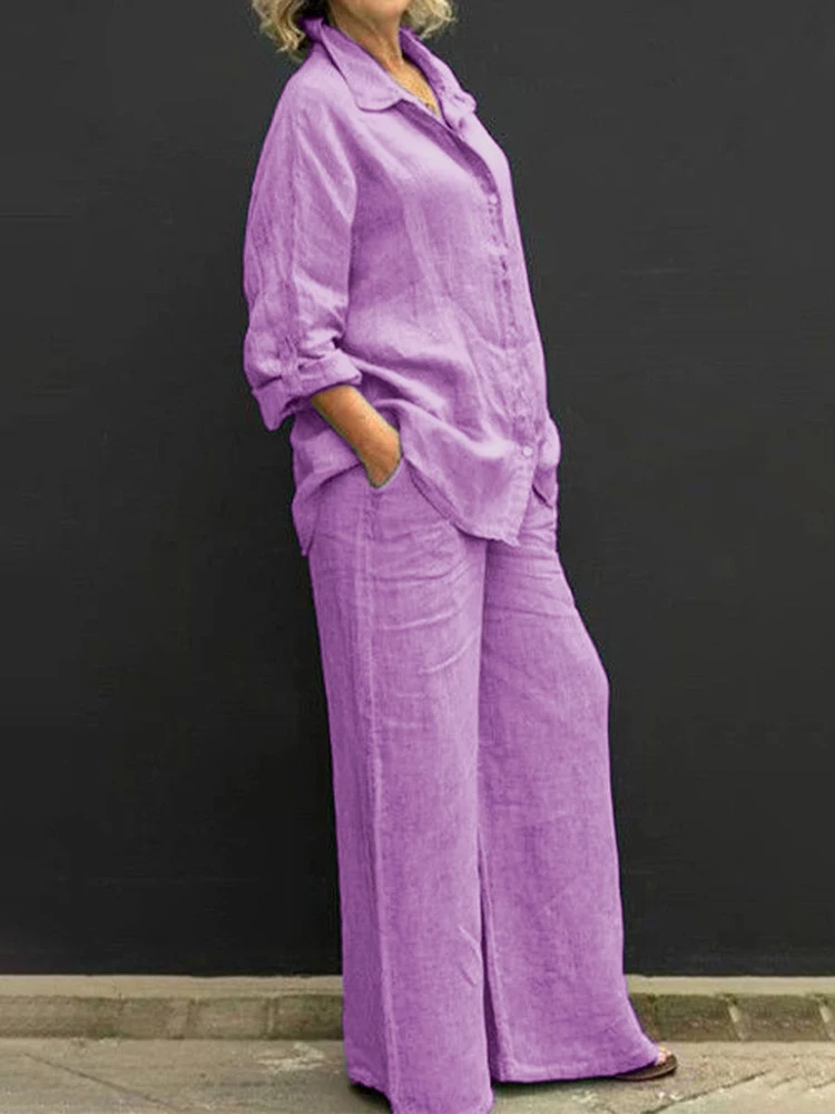Autumn Vintage Linen Lapel Two-Piece Set | Casual Loose Straight Pants Suits | Solid Color Blouse Women.