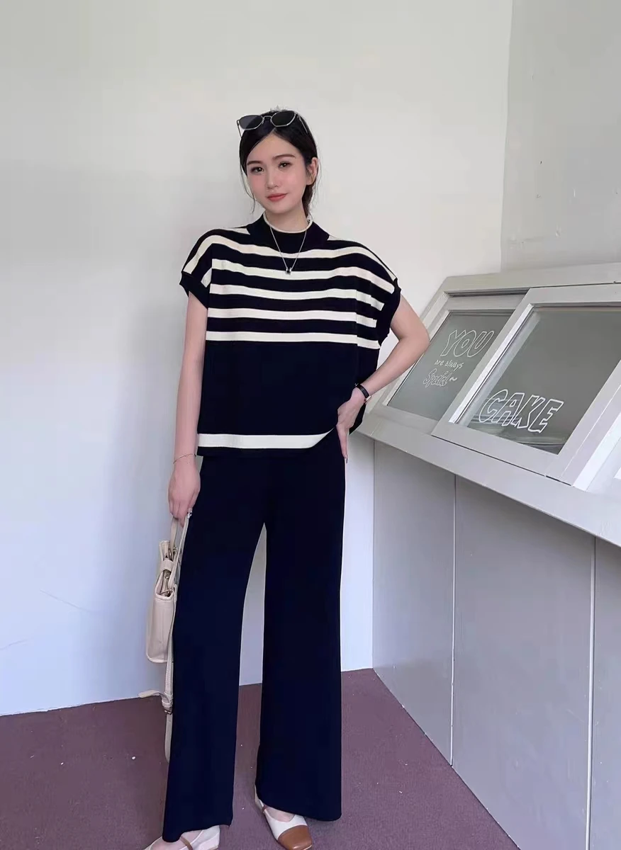 Spring New Women Sweater Set | Casual Pullovers &amp; Wide Leg Pants | Knitted Striped Elegance Tops