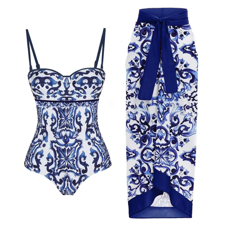 Summergvrl Women Cover-Up Swimwear, Ruffle Blue Floral Printed, Deep V Monokini Kimono Style, 2 piece Set