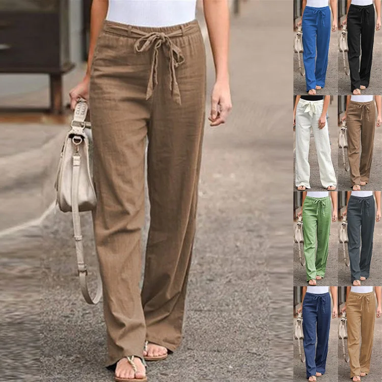 Autumn Women's Elastic Waist Wide Leg Pants | Pure Cotton Hemp Strap | Ankle-Length Casual Pants
