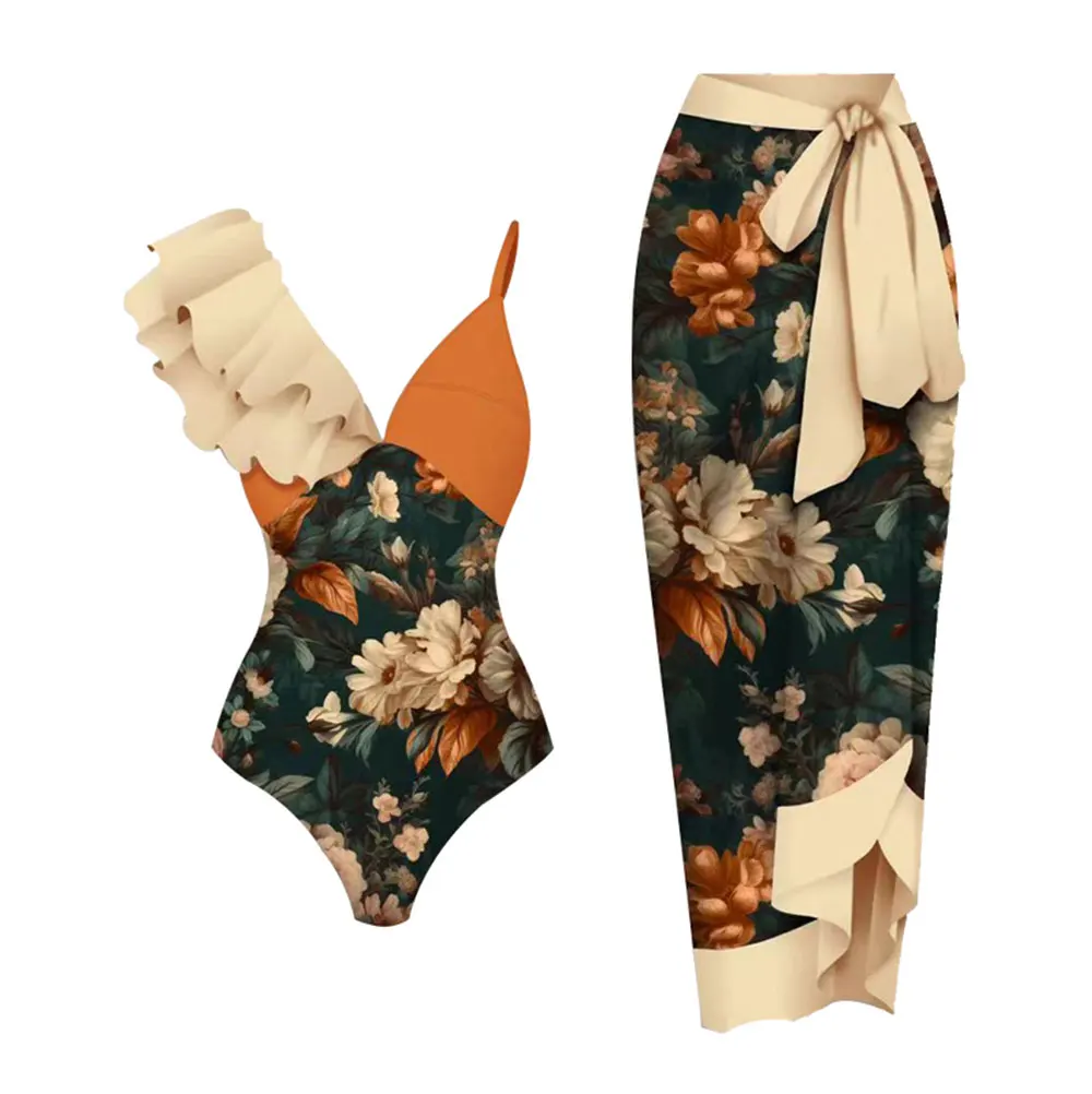 Print Floral Swimsuits Women One-Piece Ruffle Swimwear/Women Deep V Bikini Summer Beach Wear Bodysuit Female Bathing Suits
