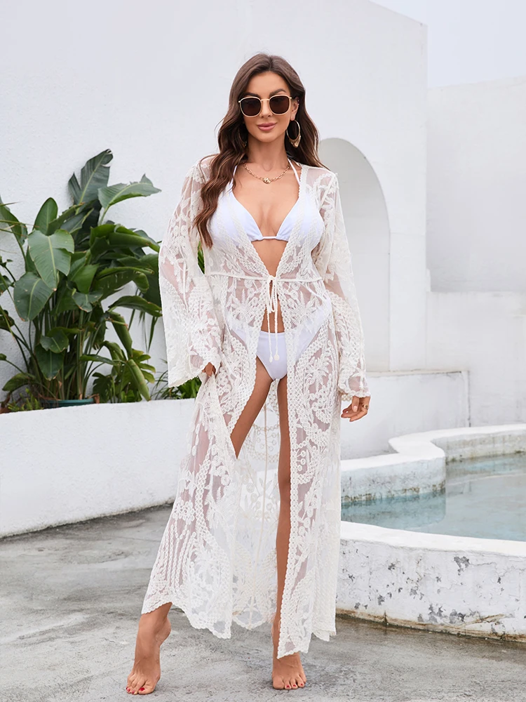 Beautyylu Women Beach Floral Mini Dress / Bikini Cover-ups Lace / Crochet Hollow Bathing Suit Swimsuit / White Color Tunic Sarong Wrap