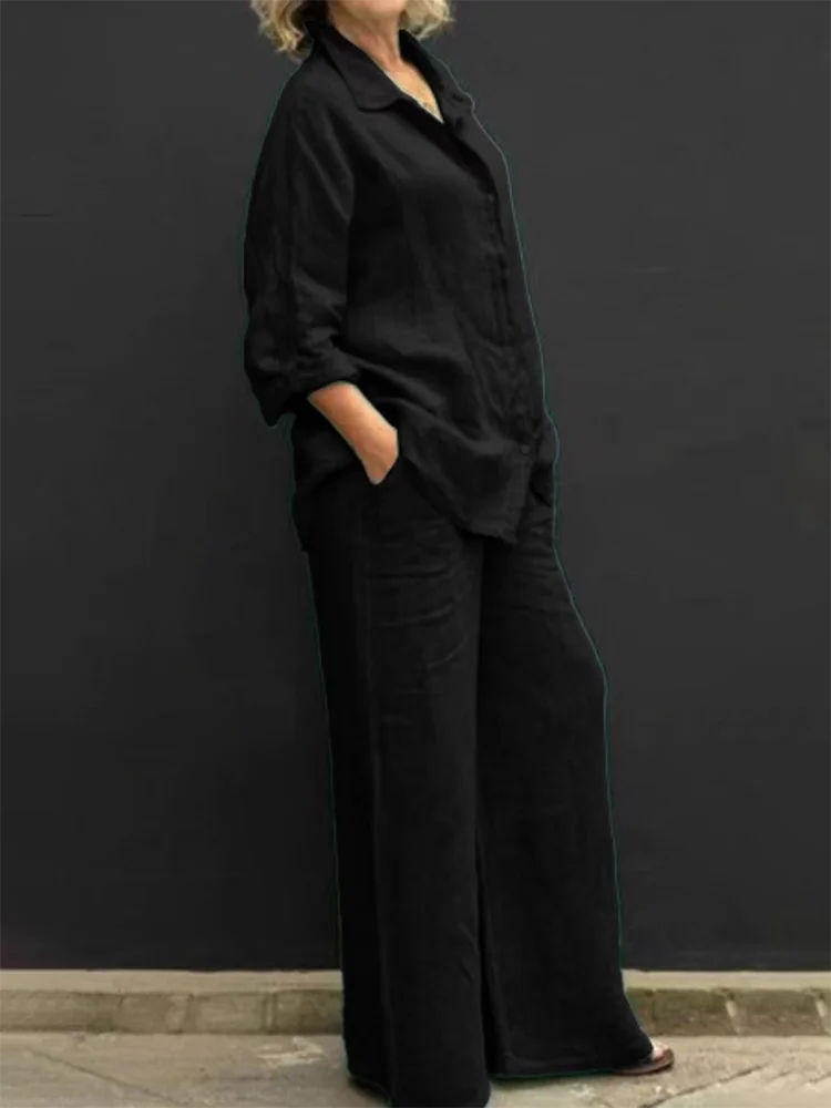 Autumn Vintage Linen Lapel Two-Piece Set | Casual Loose Straight Pants Suits | Solid Color Blouse Women.