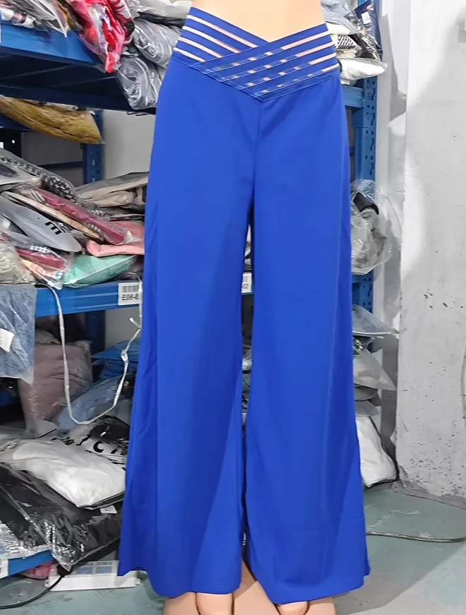 Elegant High Waist Flared Pants for Women | Overlap Waisted Textured Criss Cross Sheer Mesh Design | Summer Work Trousers