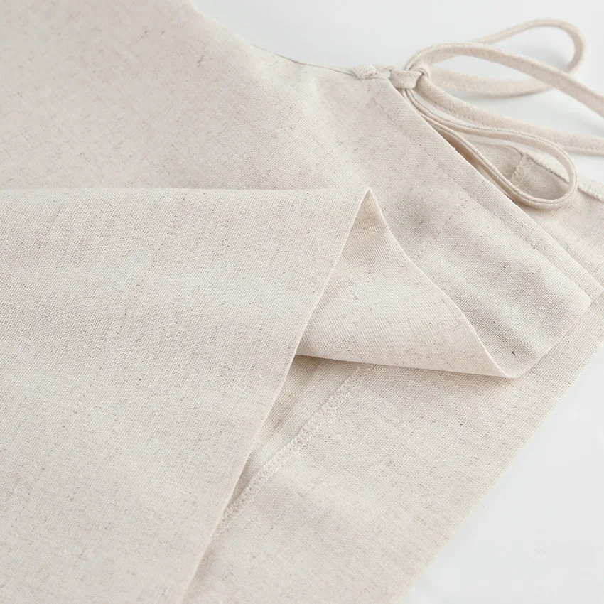 Fashion Khaki Cotton Linen Pants Set | Lace-Up Crop Tops | Elastic Waist | Loose Long Pants Suit.