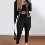 Spring Autumn 3 Piece Set Plaid Print Crop Top | Beige, Black, Pink, Mid Waist, Ankle-Length Pants