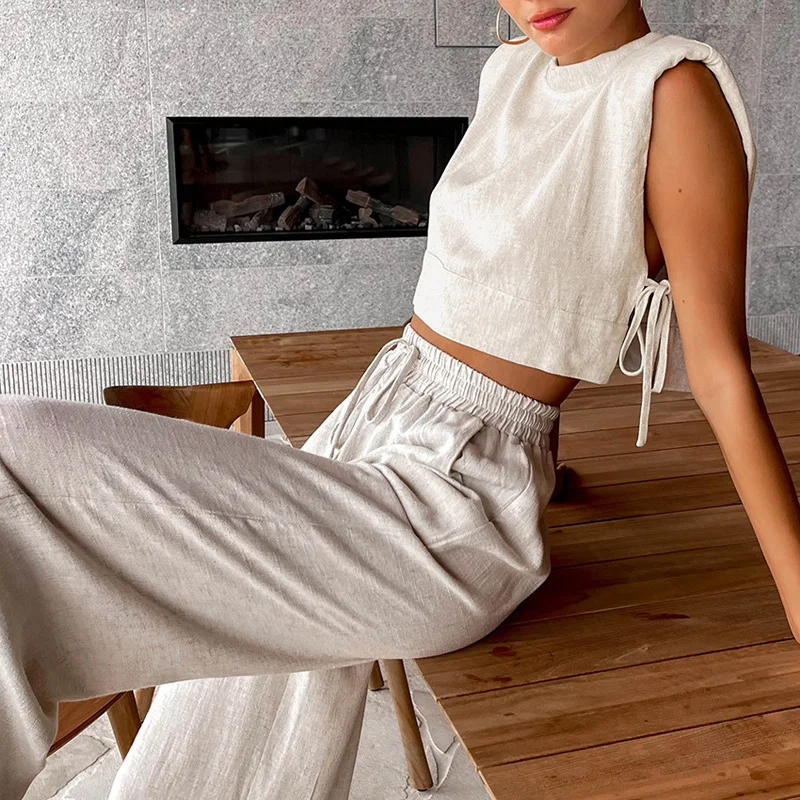Spring Summer Women Holiday Linen Pant Set | Two Piece Matching Set | High Waist, Solid Outfits