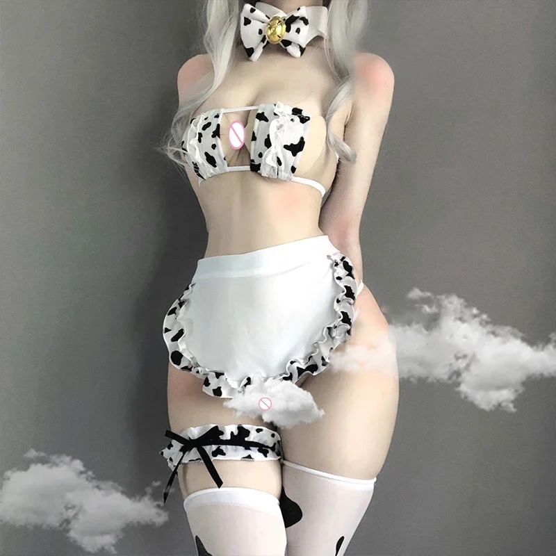 Cosplay Cow Costume Anime Girls Swimwear Clothing Lolita Bra and Panty Set Stockings Maid Tankini Bikini Swimsuit Backless