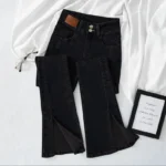 High-waist Stretch Split Flare Jeans | Vintage Denim Trousers | Slim Fit | Spring Summer | Casual Street Clothes - black, 2955-60KG