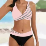 Women's Youth Stylish Bikini Swimwear | Shiny Striped Patchwork | Color Contrast Tankini Swimsuit | Beach Vacation Wear